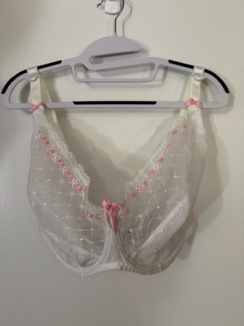 Curvy Kate UK38J Sheer Lace Bra White & Pink Ribbon Accents